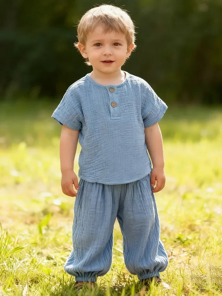 Organic Cotton Boys Summer Outfit Short Sleeve Tshirt and Pants Set Toddler Baby Clothes