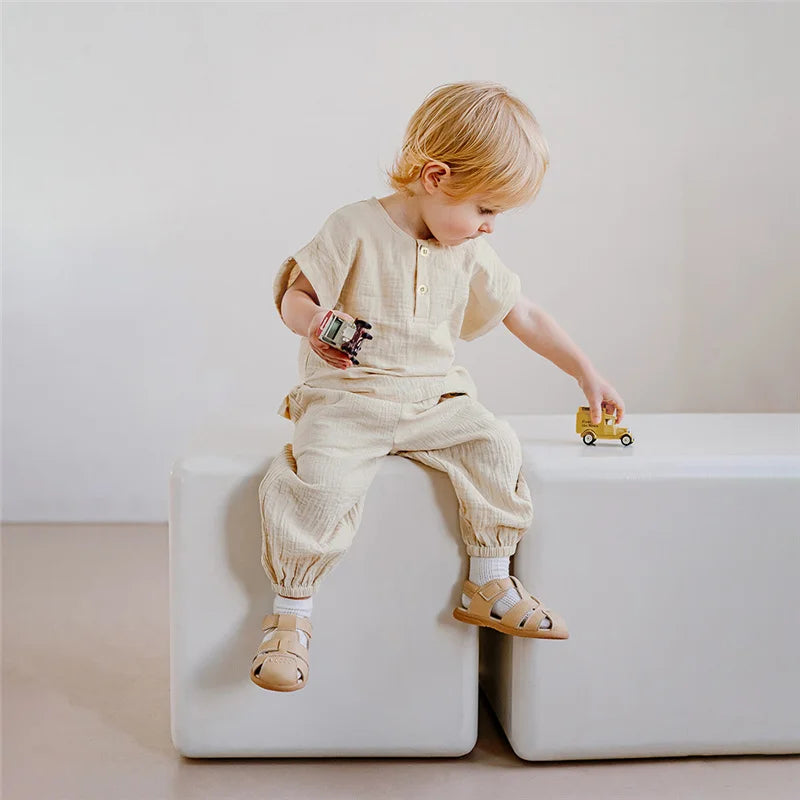 Organic Cotton Boys Summer Outfit Short Sleeve Tshirt and Pants Set Toddler Baby Clothes